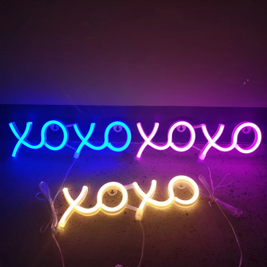 XOXO Sign Neon Light Greeting Welcome Logo Modeling Lamp LED Decor Wall Room Home Club Party Holiday USB / Battery Powered