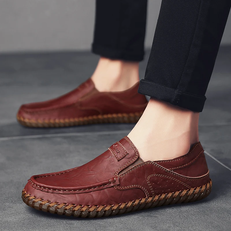 

Wine Red Handmade Loafers Men Shoes Summer Leather Casual Shoes Slip-On Flats Male Sneakers Outdoor Moccasins Mens Driving Shoes