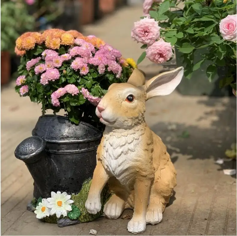 

Pastoral Simulation Animal Rabbit Kettle Flower Pot Resin Ornaments Garden Vases Figurines Crafts Courtyard Outdoor Decoration