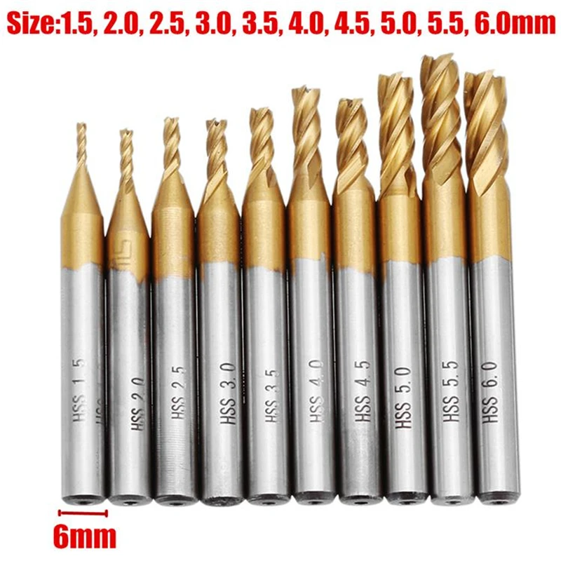 10Pcs Titanium Coating Milling Cutter Set 1.5-6.0mm HSS 4 Flute Metric End Mill Cutter 6mm Straight Shank CNC Drill Bits