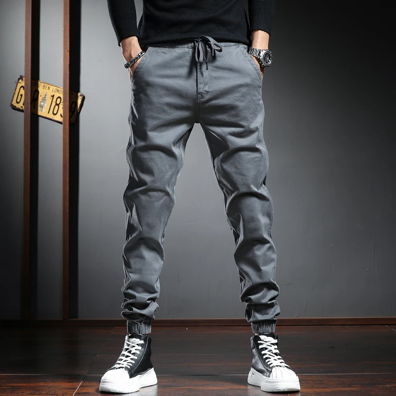 Fashion Gray Cotton Casual Pants Men Sport Joggers Streetwear Slim Fit Trousers Mens