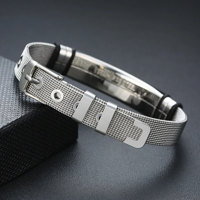 MESH BRACELET FOR MEN WOMEN SILVER STAINLESS STEEL METAL ADJUSTABLE ENGRAVABLE UNISEX BRACELETS
