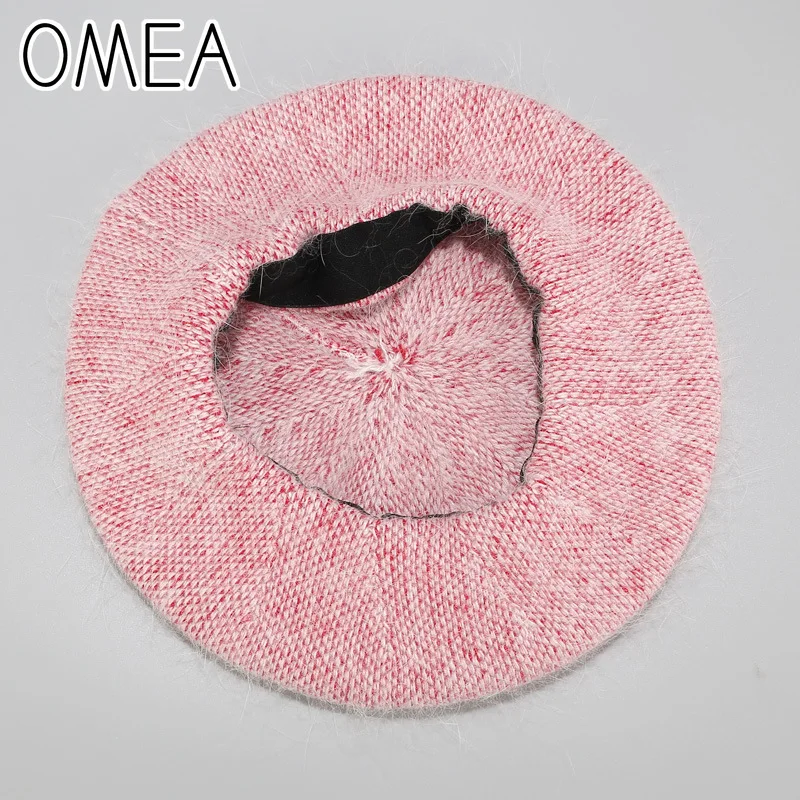 OMEA Angora Rabbit Hair Hat Winter Knitted Women Berets Hat Solid Color French Hat Berets Caps for Women Warm Beanie Beret 2019