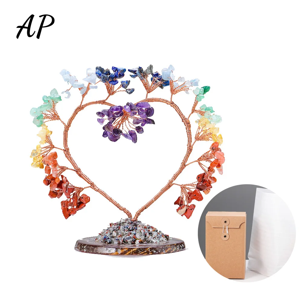 

Natural 7Chakra Crystal Heart-Shape Gravels Money Tree Agate Slice Base Amethyst Quartz Gem Fengshui Tree Home Decor Gift