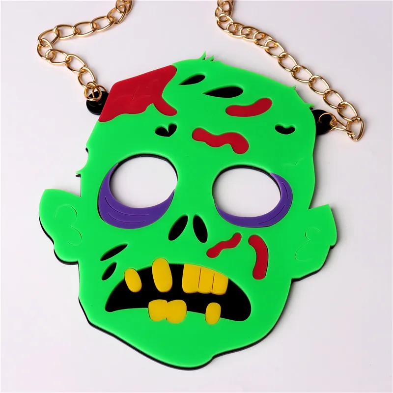 KUGUYS Super BIG Zombie Mask Pendant Necklace for Women Men Punk Halloween Green Acrylic Large Jewelry Party Accessories