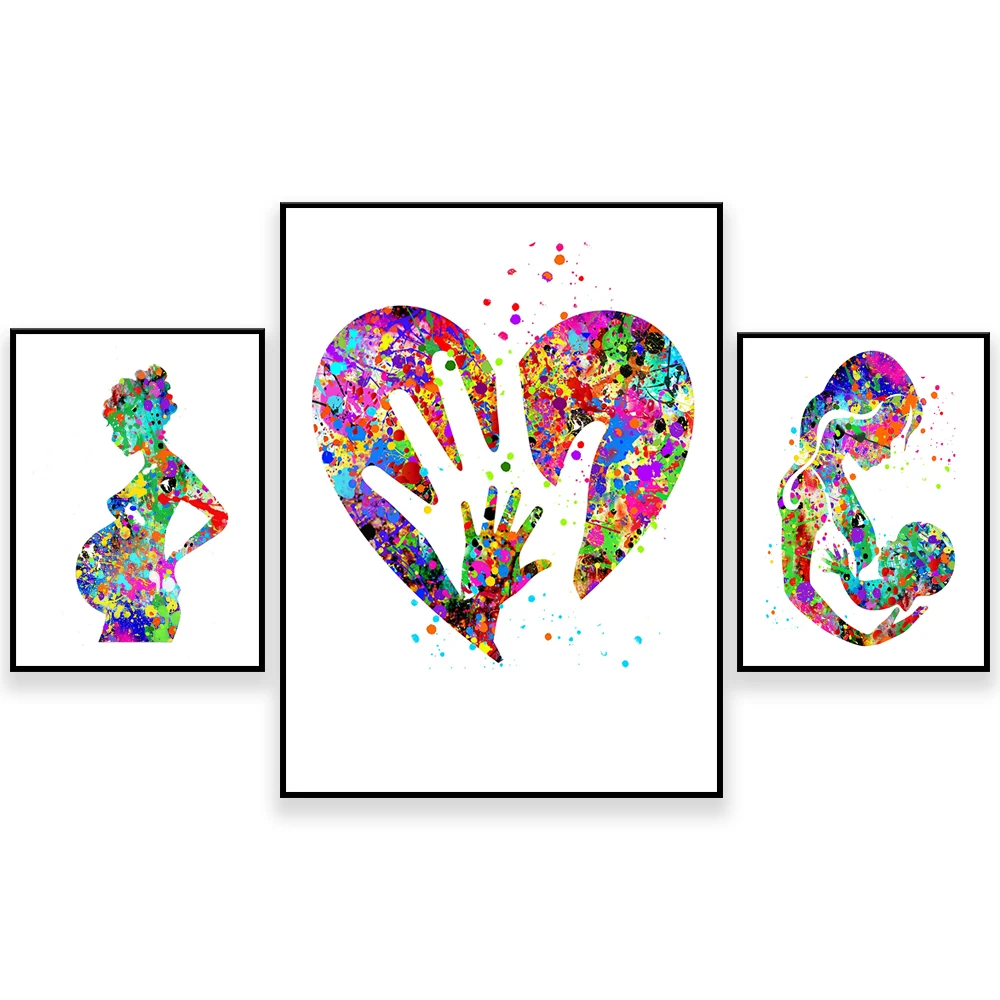 

Pregnant woman and baby pregnancy watercolor, maternity office baby shower new mother pregnant mother heart hand nursery poster