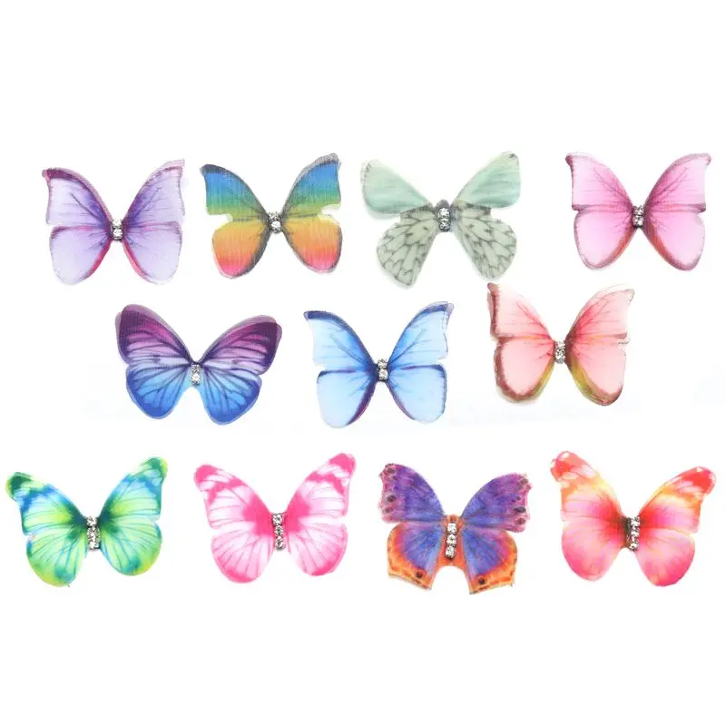 50Pcs Gradient Color Organza Fabric Butterfly Appliques 38Mm Translucent Chiffon Butterfly for Party Decor, Doll Embellishment