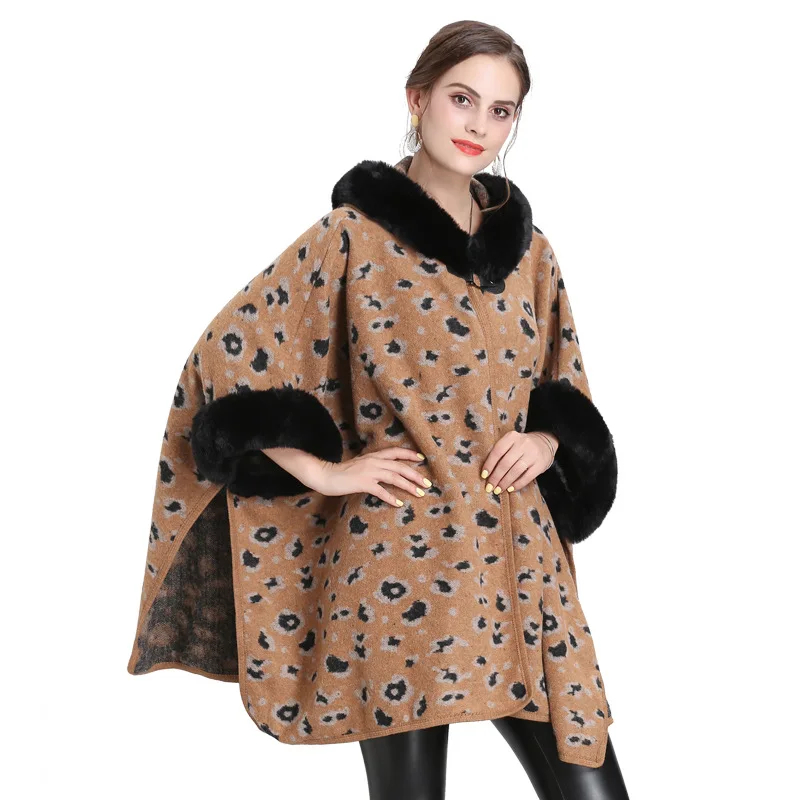 Leopard Big Poncho Women Winter Warm Fur Hooded Capes 2021 New Fur Collar Winter Warm Capes Women Loose Cloak Coats Lady Outwear