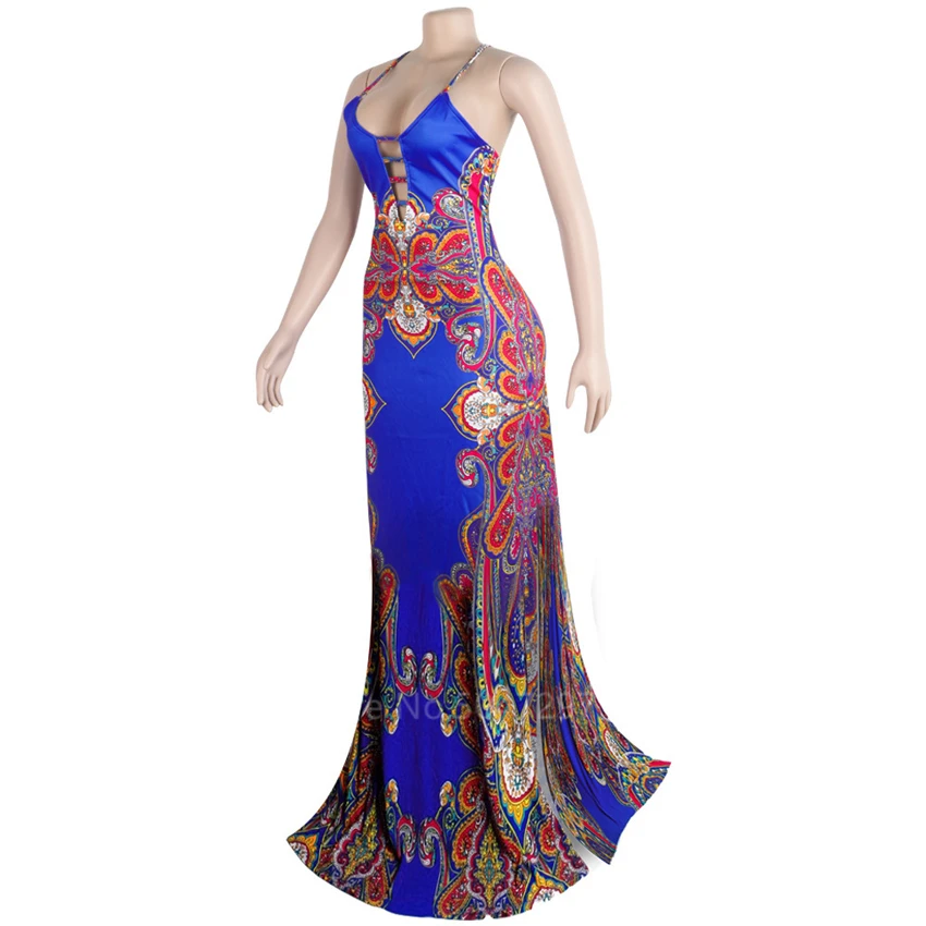 2022 New African Dresses Printed Sexy Maxi Party Women Spaghetti Strap Open Back Bodycon V Neck High Waist Floor Length Robe