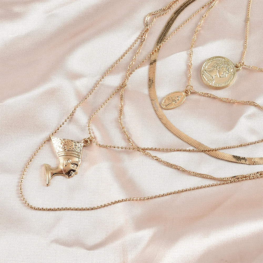 New Vintage Fashion Multilevel Gold-plate Necklaces For Women Maria Pharaoh Head Pendant Necklace 2020 Female Boho Jewelry
