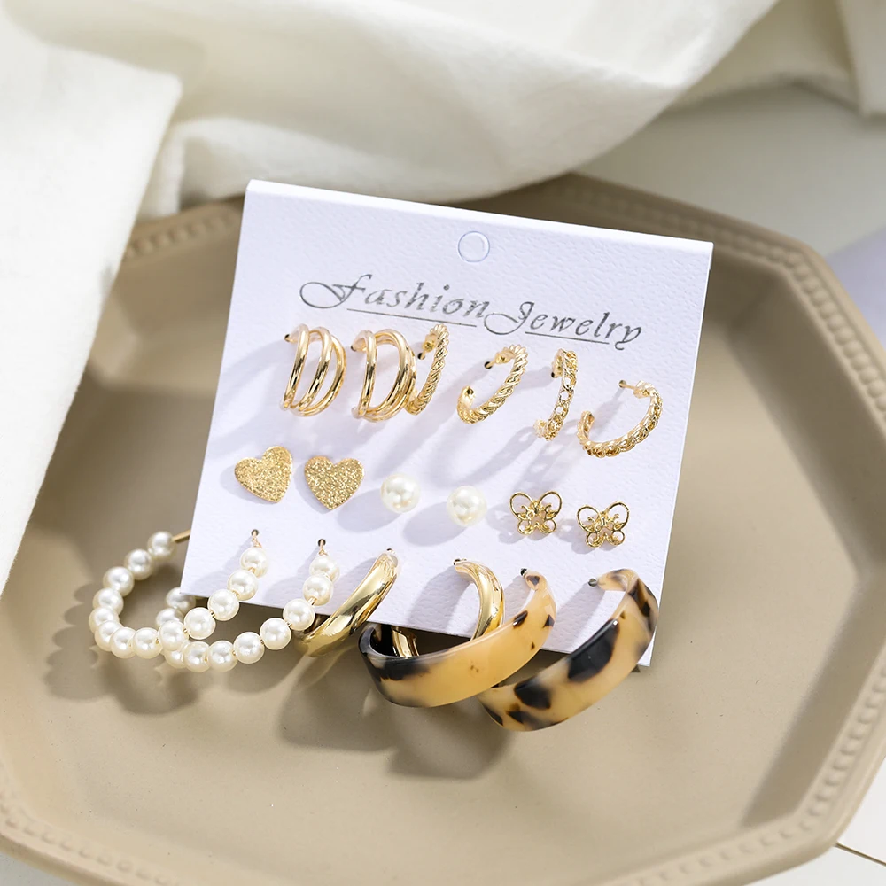 6/9 Pairs كبير هوب اللؤلؤ طقم من الحلقان موضة المعادن القرط فراشة دائرة هندسية خمر القرط للنساء مجوهرات 2021