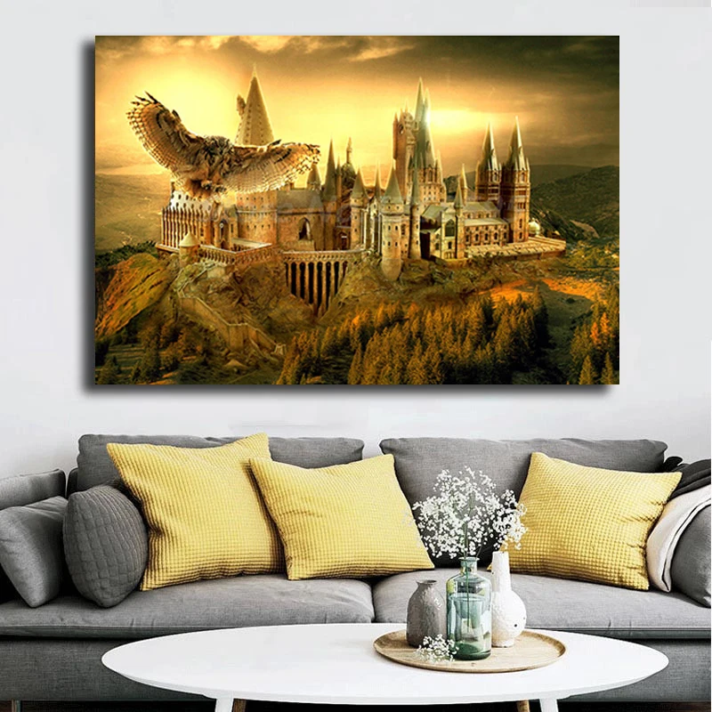 Flying Eagle and Castle Classic Movie Magic Map Canvas Painting Posters Prints Cuadros Wall Art Picture for Living Room