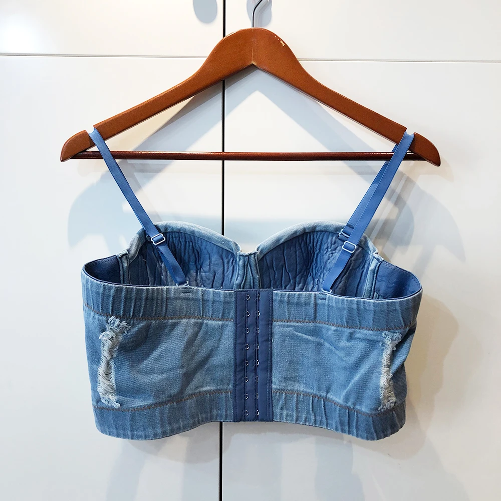 Cupnaya Women Distressed Denim Blue Crop Top Summer Sexy Ladies Spaghatti Strap Bustier Bralette Inner Cami Size 34 36 38 40