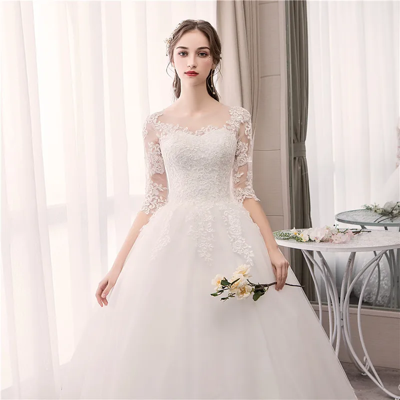 Customized Wedding Dress Embroidery Lace Up Plus Size Custom Made O Neck Wedding Dresses Half Sleeve Ball Gown Robe De Mariee