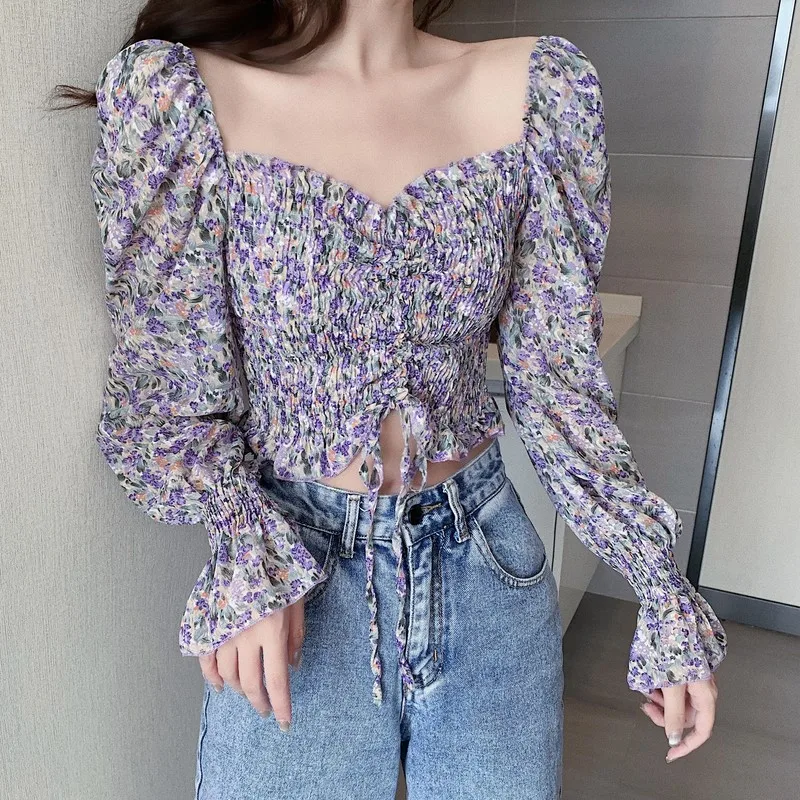 Floral Print Drawstring Crop Top Women Spring Fall Long Sleeve Purple White Chiffon Blouse Shirt Korean Style Ladies Short Tops