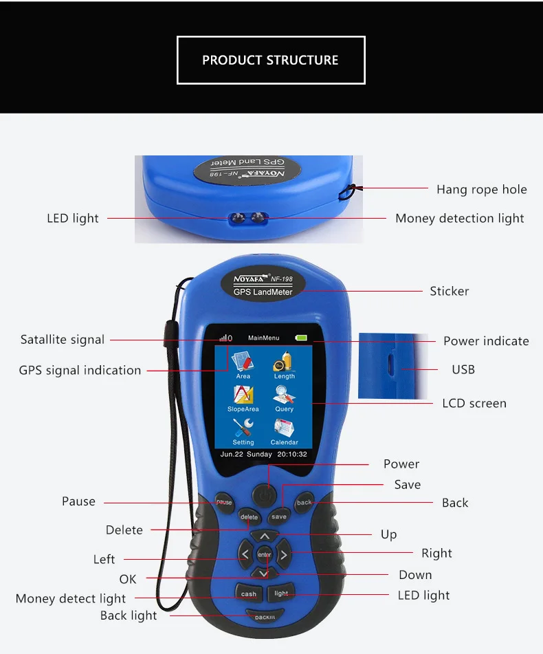 Noyafa Land Meter Test Device NF-198 Survey Equipment Use For Farm Land Surveying Mapping Area Length Measurement Tool