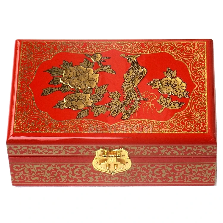 

Retro Ancient Chinese Handwork Lock Wood Box 2 Layer Phoenix Storage Jewelry Box with Mirror Gorgeous Display Box Carrying Case