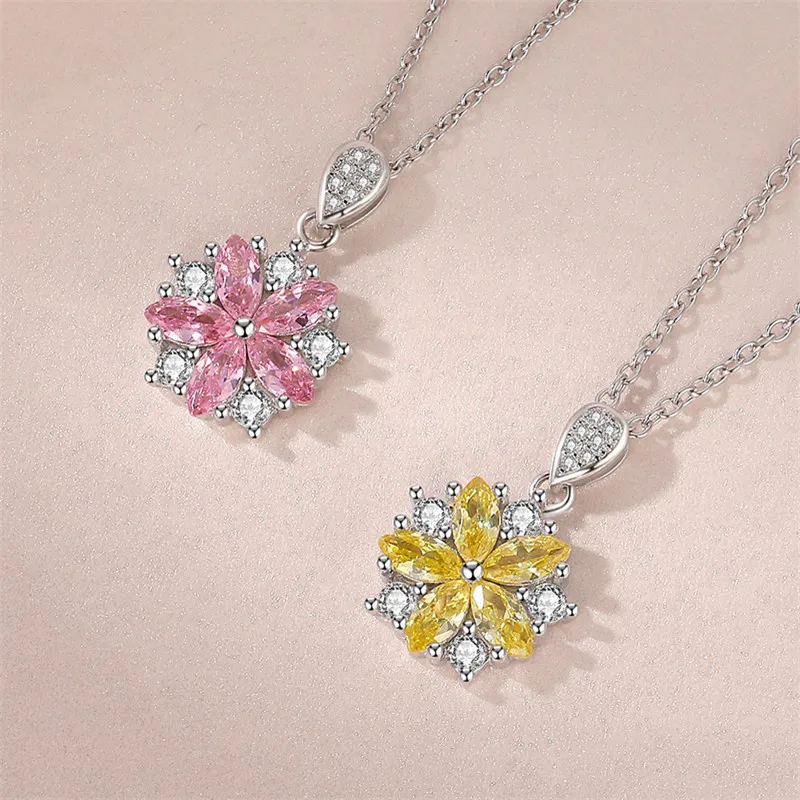 

Genuine 925 Sterling Silver Pendants Necklaces for Women Pink Yellow Topaz Gemstone Romantic Flower Fine Jewelry Wedding Gifts