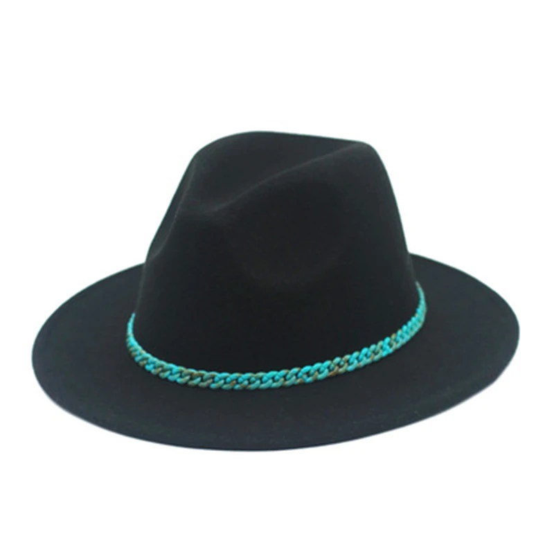 New turquoise chain woolen hat women's wide-brimmed fedora felt hat autumn and winter men's Panama jazz hat