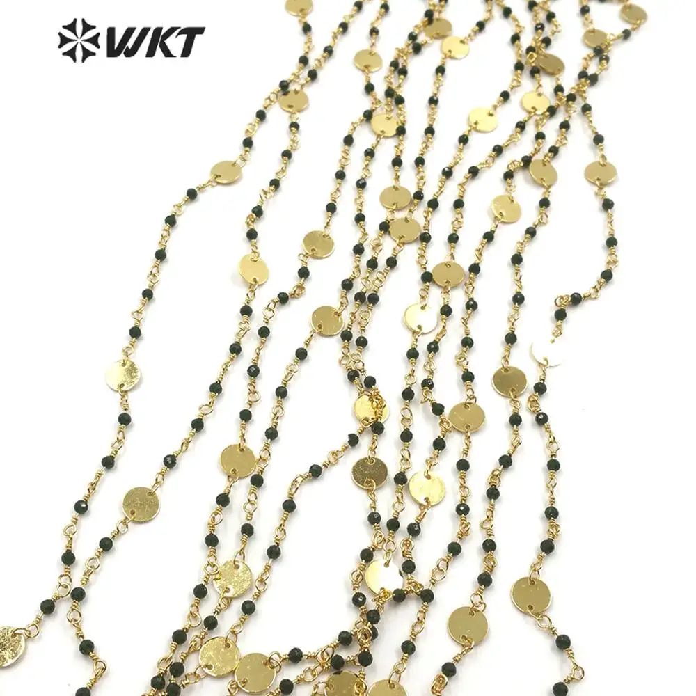 WT-RBC143 amazing green ja de stone beads chain with Gold Electroplated brass chain Rosary Chain 10 meters For Jewelry Making