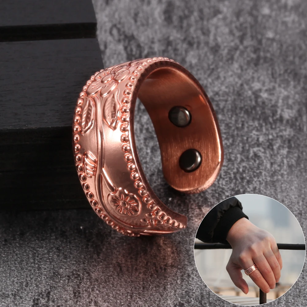 Vinterly Flower Pure Copper Rings Magnetic Health 9mm Wide Adjustable Open Cuff Magnets Energy Jewelry for Women Men Arthritis