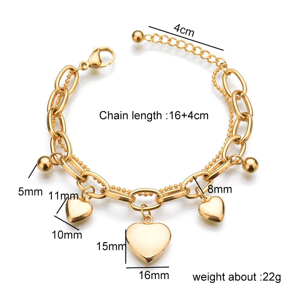 Goxijite Trendy Women Double Layer Bracelet Stainless Steel Three Hearts Charming Bracelets For Women Fashion Jewelry Gift