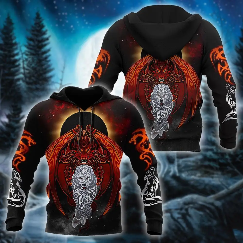 Sudadera con capucha para hombre, con estampado 3D de dragón y Lobo, con cremallera, informal, DW0212