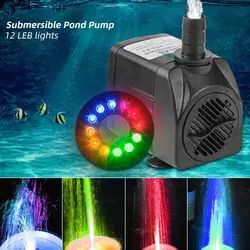 15W 800L/H Submersible Water Pump with 12 LED Lights for Fountain Pool Garden Pond