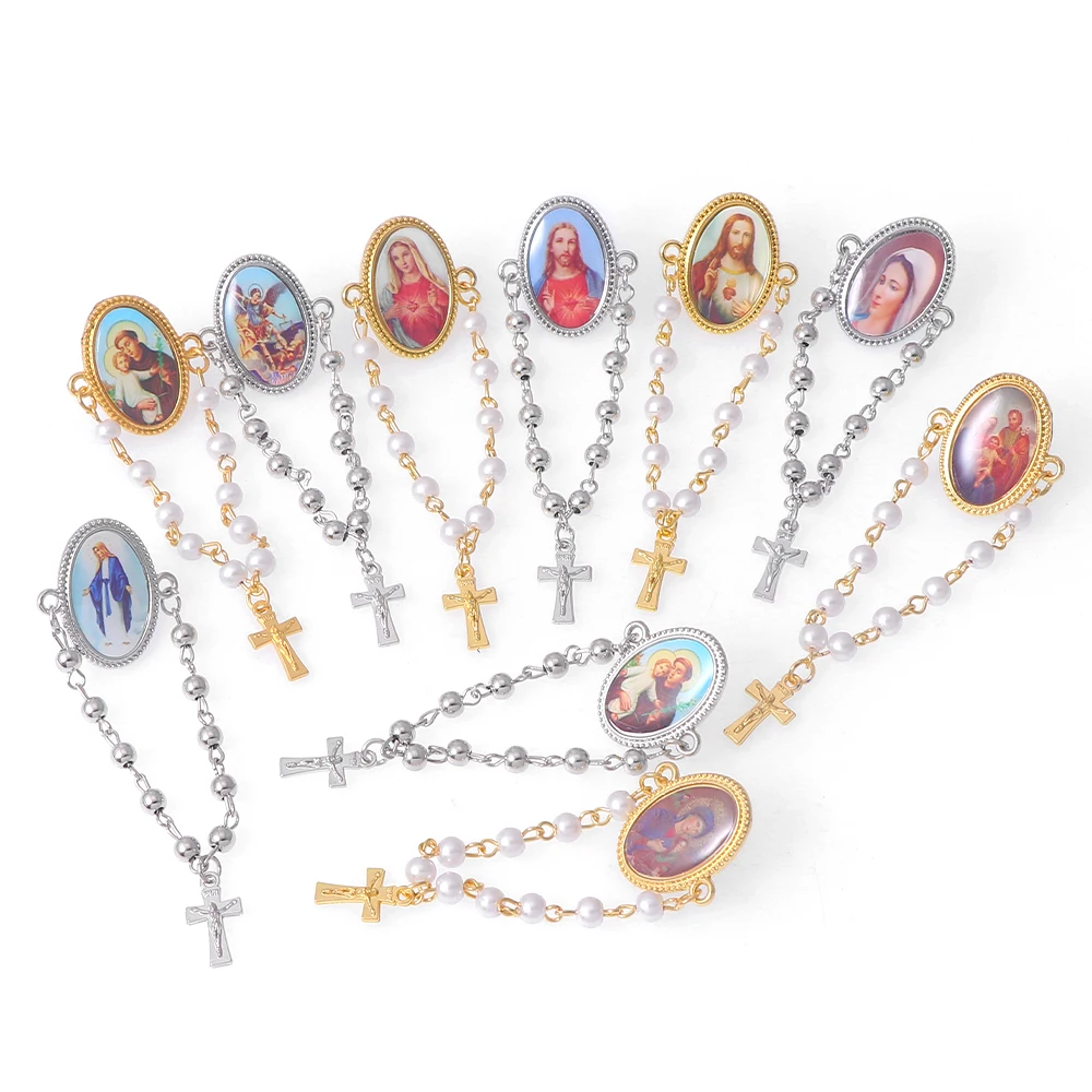 6pcs Religion Vintage Jesus Brooch Cufflinks Sacred Heart Jesus Faux Pearls Crucifix For Women Bag Lapel Pin Broches Jewelry