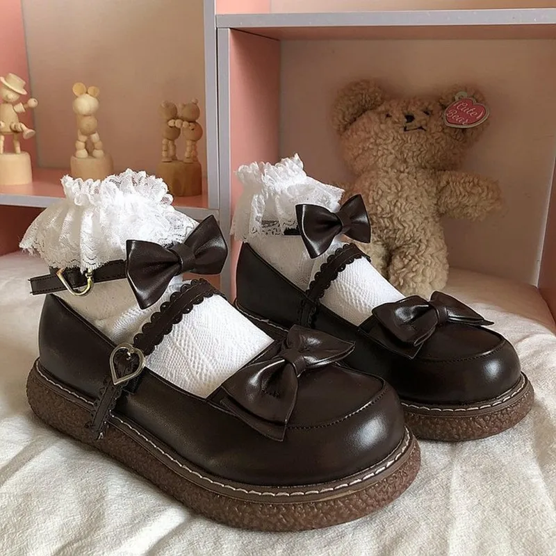 

Mary Jane Pu Lolita shoes Round Toe Japanese Jk Uniform White Black Brown Women's Bow Cute Loli Vintage Female Sweet Girls