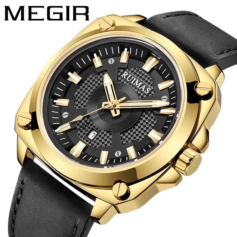 MEGIR RUIMAS Mens Sport Quartz Wristwatches Big Dial Date Gold Case Genuine Leather Band Japan Miyota Luminous Hand Gift Clock