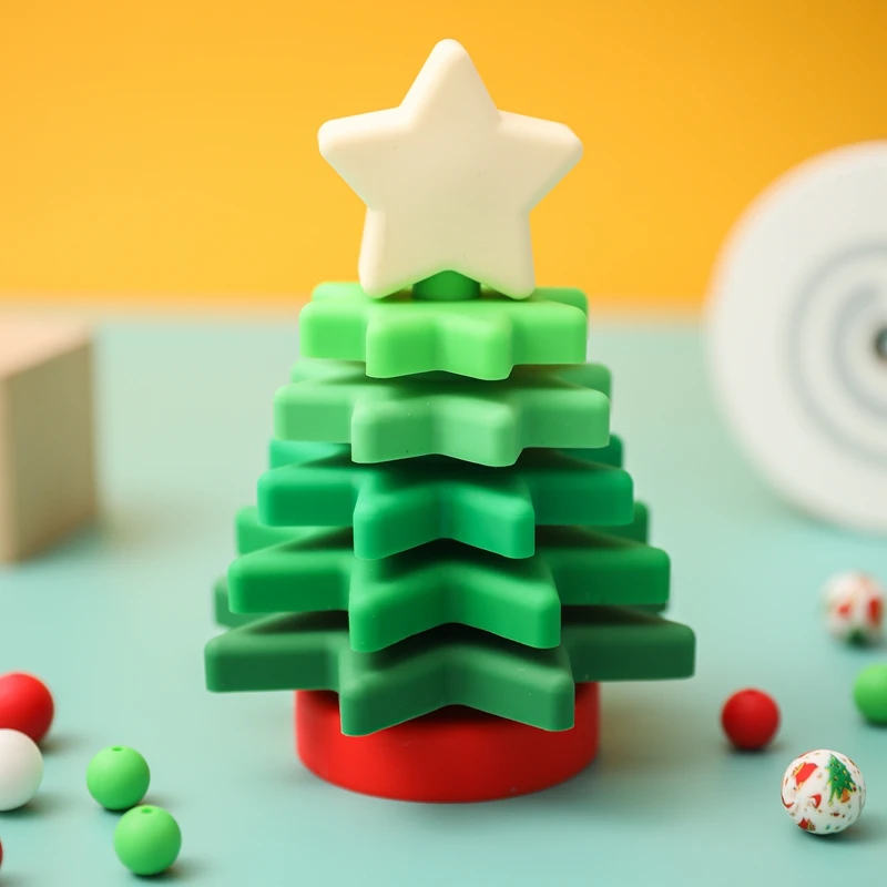 

1Set Silicone Building Block Christmas Tree Soft Block Educational Montessori Stacking Toys Silicone Teether Xmas Gift for Baby