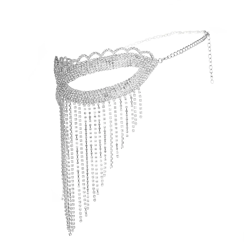 Masque à pompon pour femmes, chaîne de tête couleur argent, strass fait à la main, Halloween, Cosplay, fantaisie, Festival, fête, bijoux