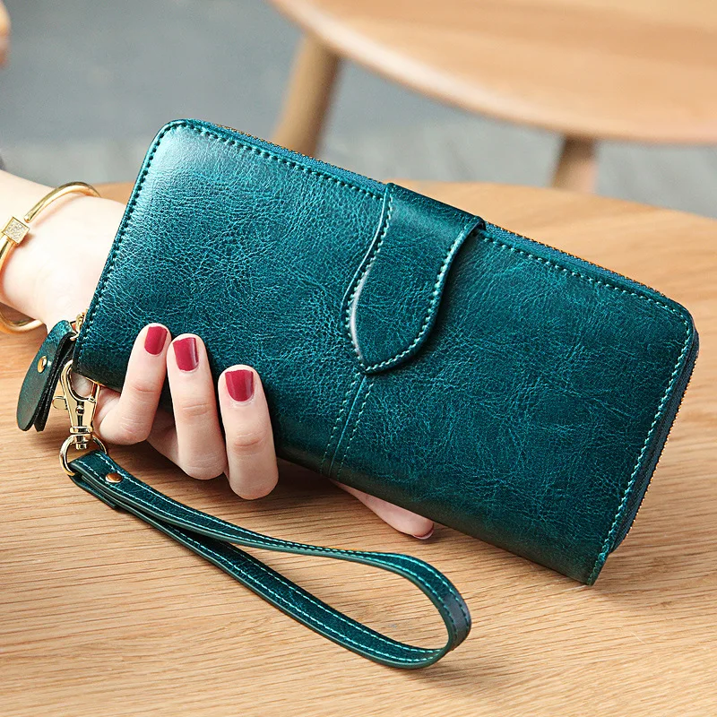 Women Wallet Genuine Leather Women Wallets Long Retro Oil Wax Leather Wristlet Clutch Ladies Phone Coin Purse Card Holder Wallet