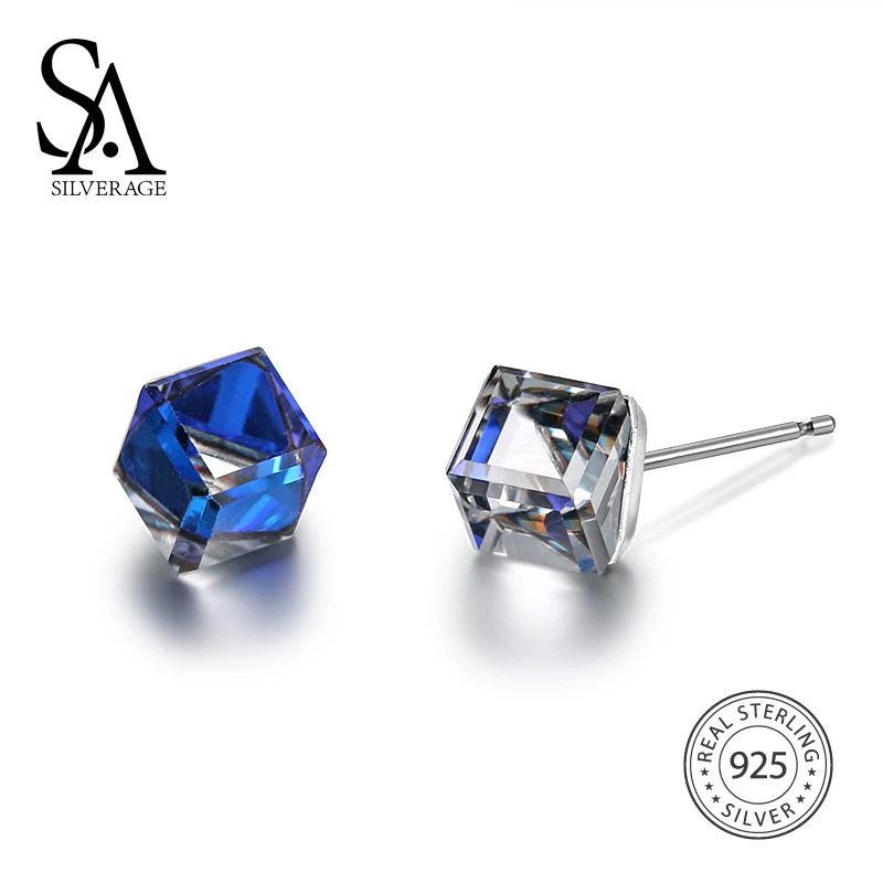 

SA SILVERAGE 925 Sterling Silver Australian Crystal Stud Earrings for Women Fine Jewelry Square Trendy Party Dainty Earrings