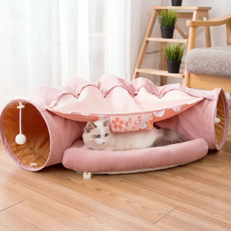 

Cat Tunnel Bed With Mat Collapsible 2 Way Tube Interactive Play Toys Cat Hideout House For Cat Puppy Kitten