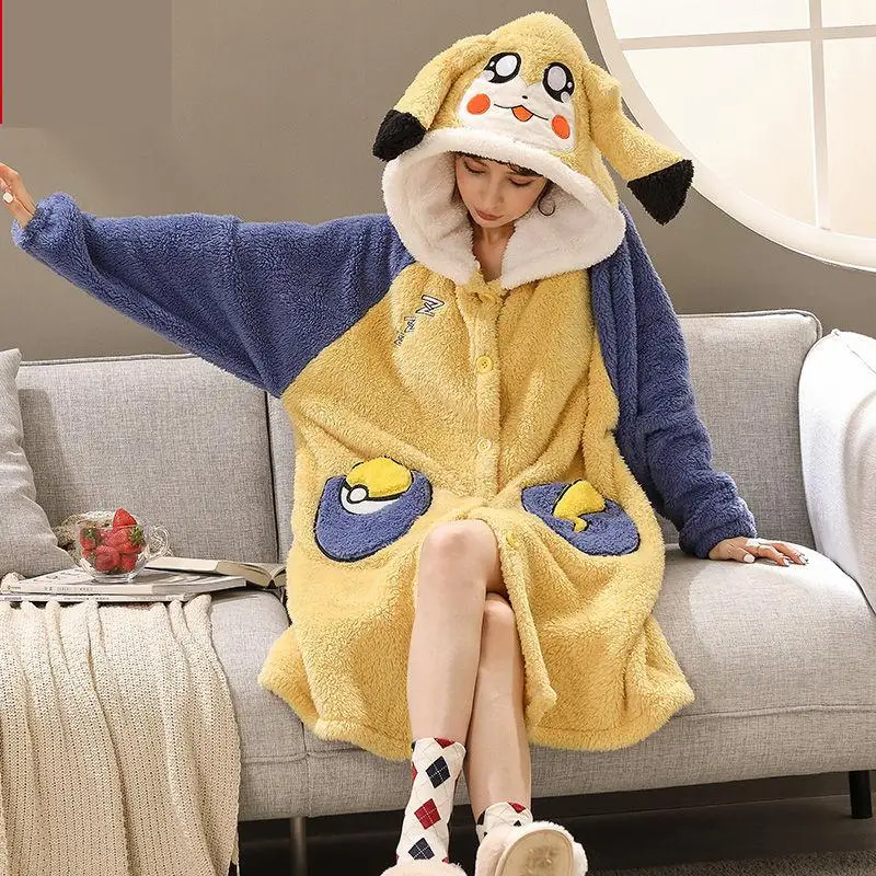 

Thicken Flannel Cute Kimono Bathrobe Gown Female Robe Loose Nightgown Sleepwear Lounge Intimate Lingerie Coral Fleece Homewear