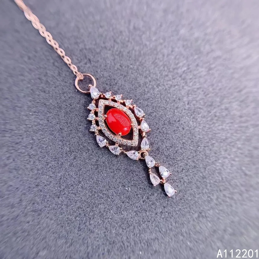 

Fine Jewelry 925 Sterling Silver Inlay With Natural Gemstone Women's Luxury Lovely Fresh Red Coral Pendant Necklace Support Dete