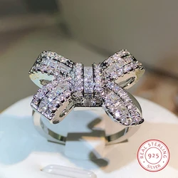 925 Silver Color Bowknot Bow Knot Bling Zircon Stone Rings for Women Fashion Wedding Engagement Jewelry