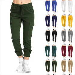 Pantalones Cargo lisos para mujer, pantalón deportivo con múltiples bolsillos y cordón en la cintura elástica, ropa de calle, pantalón largo informal, novedad de 2024