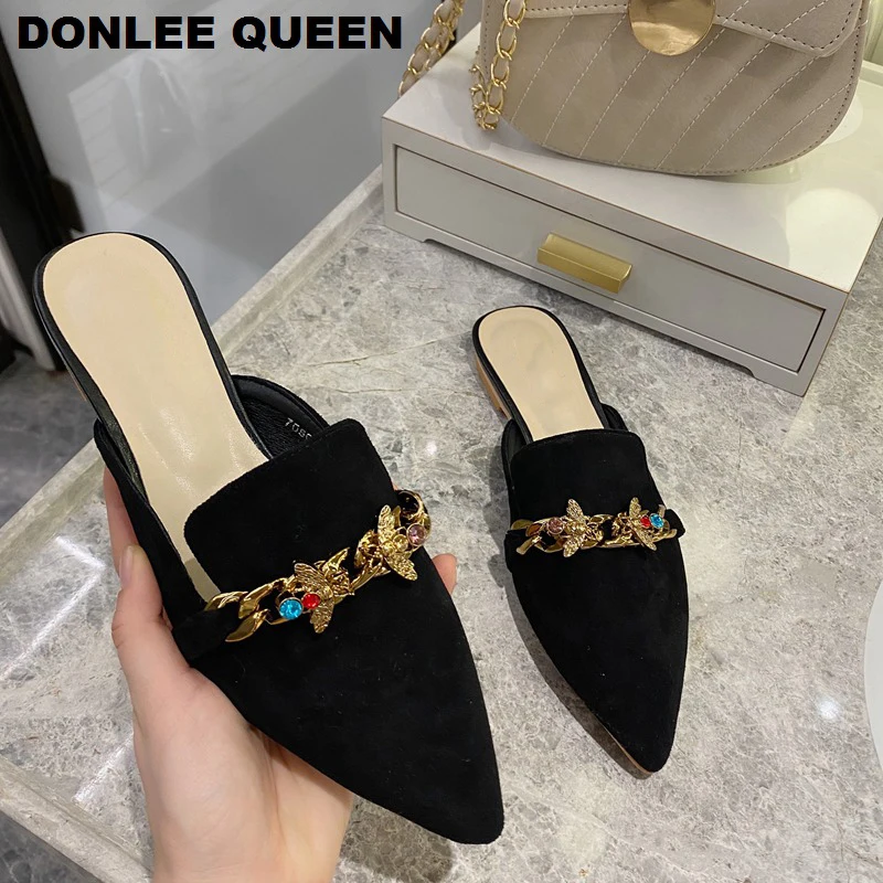 New Women Slippers Pointed Toe Rubber Metal Chains Flat Slide Footwear Fashion Casual Mule Shoes Big Size 41 42 Zapatos De Mujer