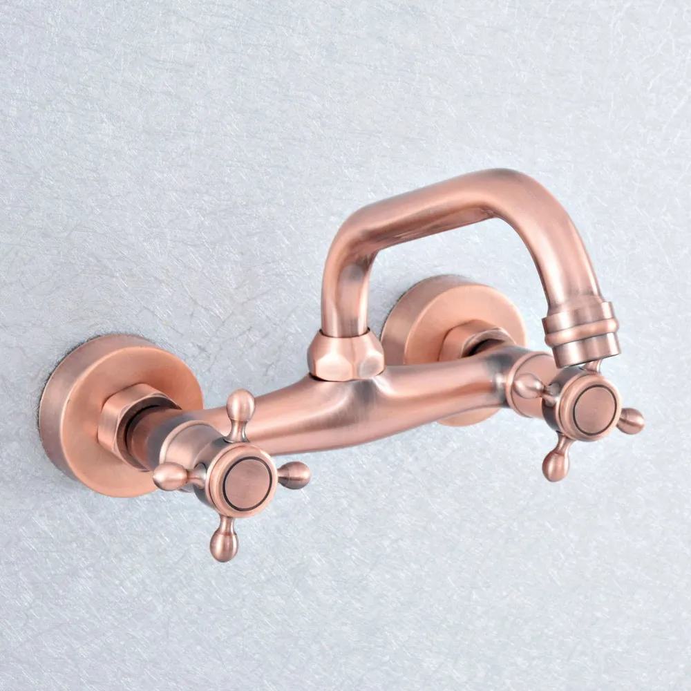 

Antique Red Copper Brass Wall Mounted Dual Handle Bathroom Kitchen Sink Faucet 360 Rotate Swivel Basin Mixer Tap Bathtub Faucet