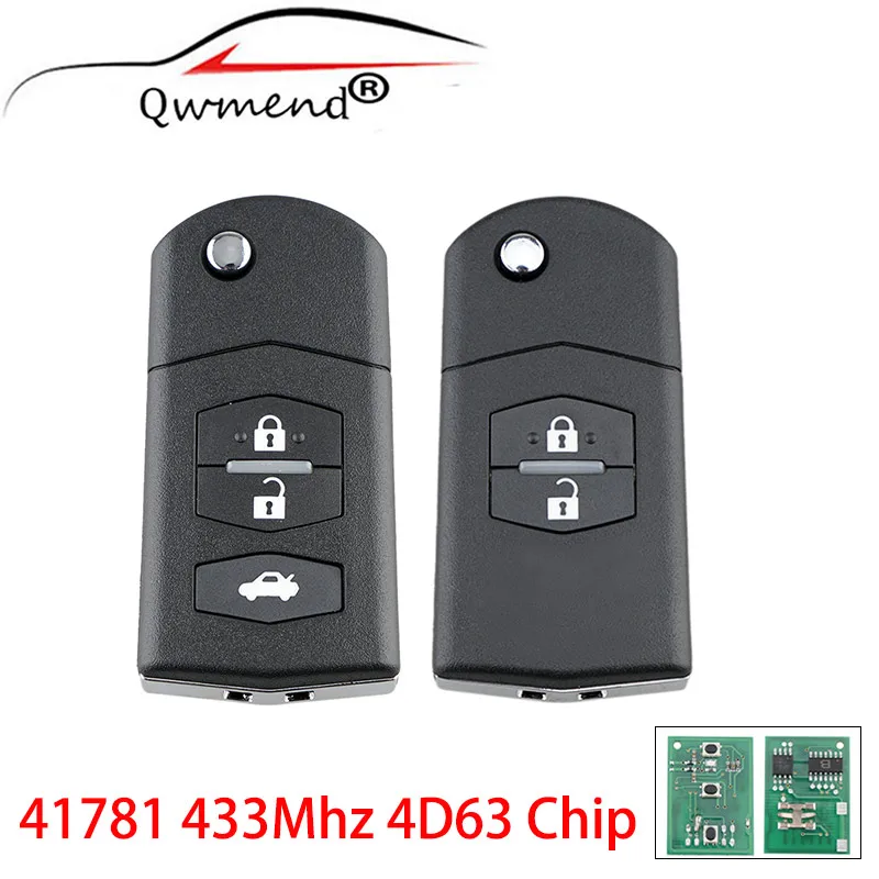 QWMEND 2 3 Buttons Car Remote Key for Mazda 3 BK Series 2006-2009, BT50 2006 Visteon 41781 Flip Car Key 433Mhz 4D63 Chip