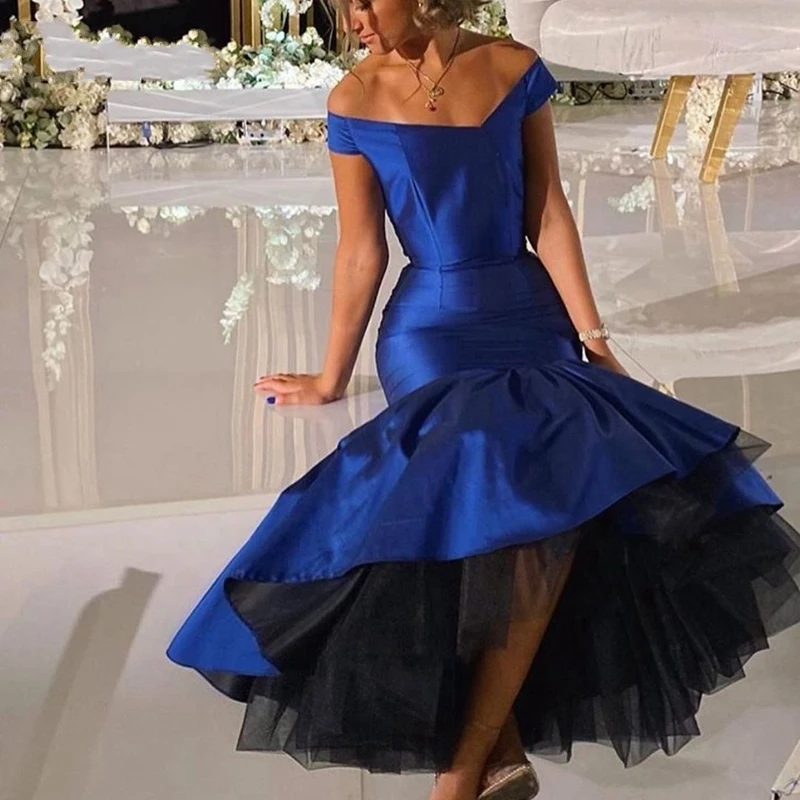 Gaun Malam Putri Duyung Biru Royal Kerah V Mode Baru 2020 Gaun Formal Tulle Hitam Gaun Prom Pesta Robe De Soiree