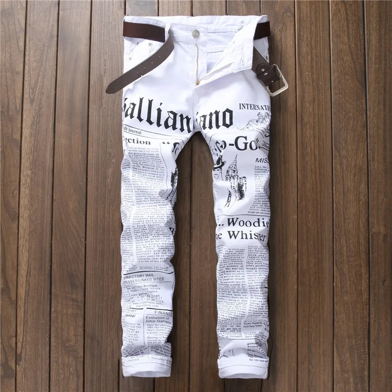 New Fashion Designer Printed Jeans Men Fashion White Denim Pants High Quality Night Club Party Dress Casual Clothes Plus Size