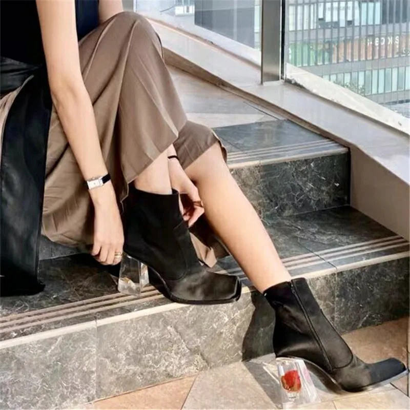 2024 Designer Rose Transparent Heel Women Ankle Boots Square Toe 8CM High Heel Booties Patent Leather Botas Mujer Ladies Shoes