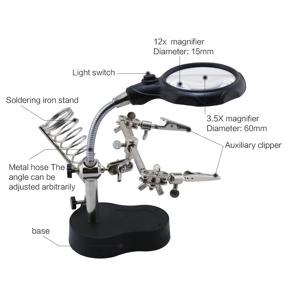 Welding Magnifying Glass with 2 LED Light 3.5/12X Lens Auxiliary Clip Loupe Desktop Magnifier Soldering Stand Holder Repair Tool