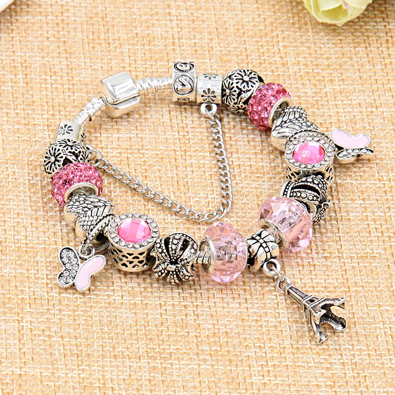 Vintage Paris Eiffel Tower Pendant Bracelet Pink Butterfly DIY Bead Bracelet for Women Girl Jewelry Gift