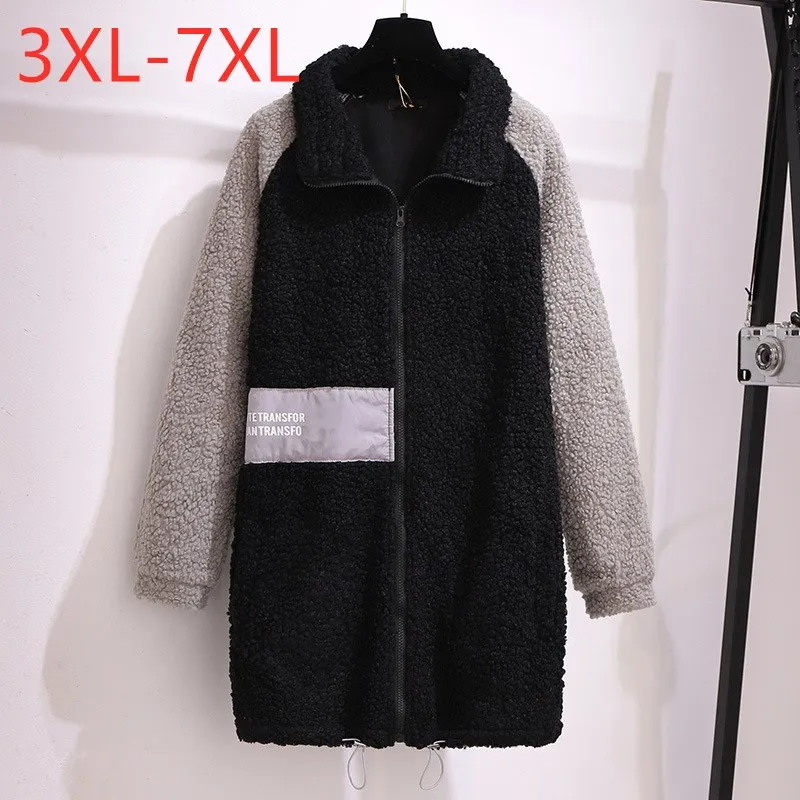 New 2021 Autumn Winter Plus Size Women Clothing Oversize Jacket Long Sleeve Fleece Thick Zipper Long Coat 3XL 4XL 5XL 6XL 7XL