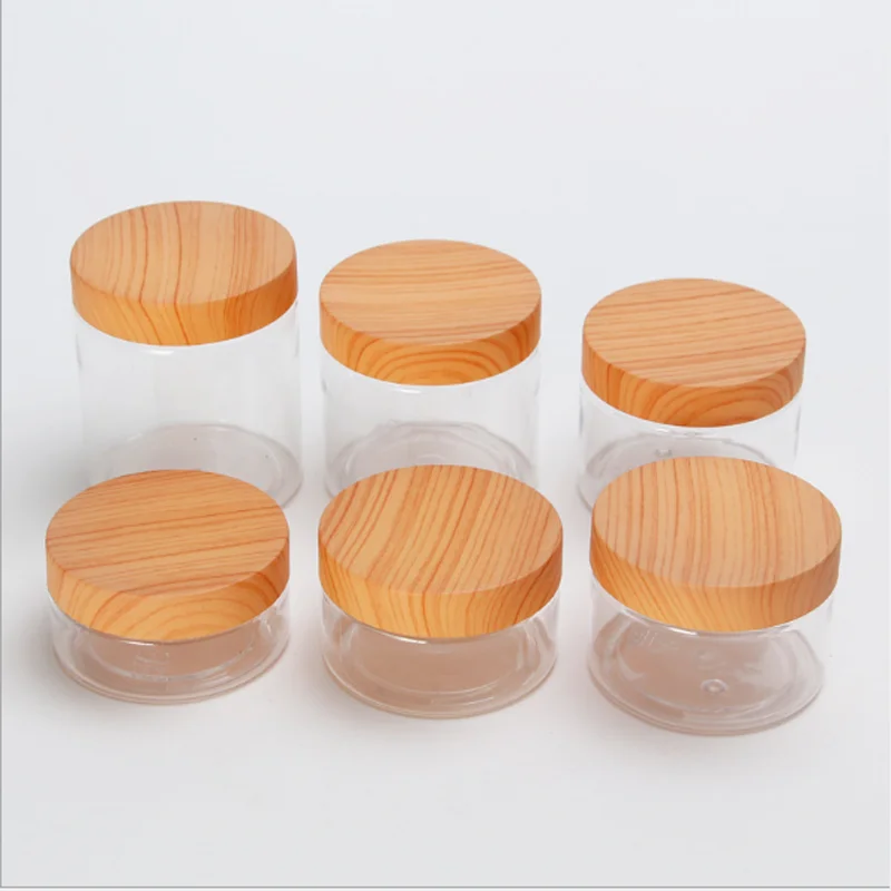 

80ml 100ml 120ml 150ml 200ml 300ml 400ml 500ml 800ml 1000ml 4oz Transparent Plastic Food Packaging Bottle Storage Jar wood cap